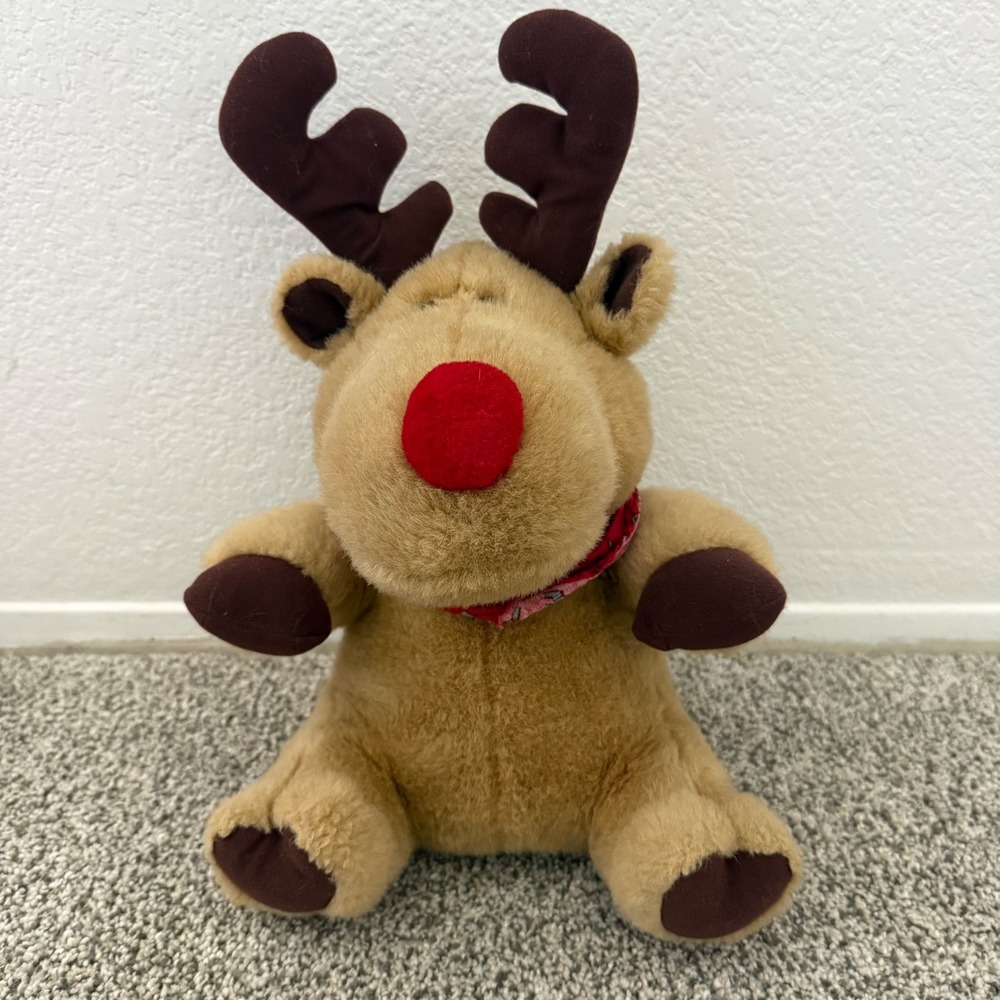 Christmas Reindeer Plush Stuffed Animal Red Nose Brown Antlers Holiday Decor